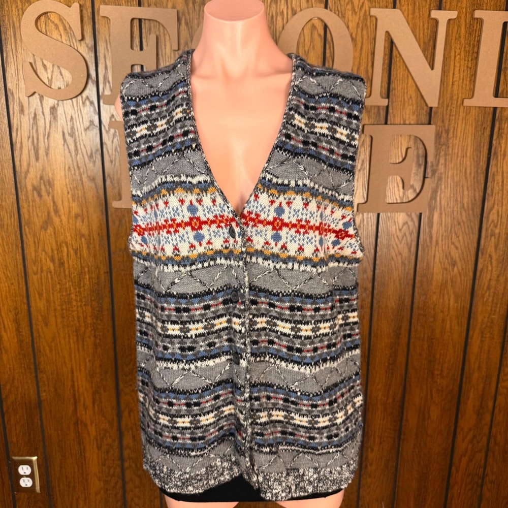 Russ Sweater Vest Women L Gray Fair Isle Vintage Grandmacore Academia Knit